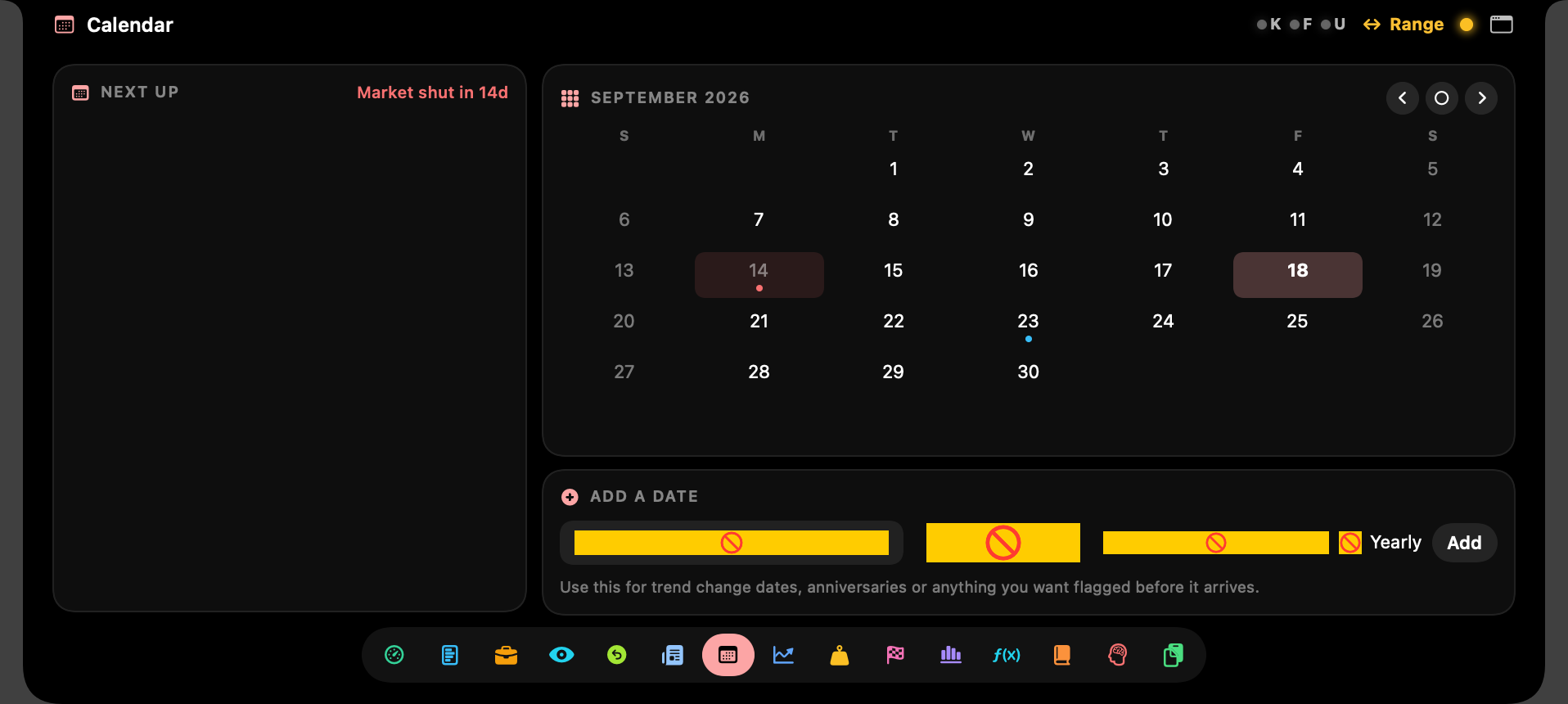 Trading calendar with Indian market holidays and custom dates